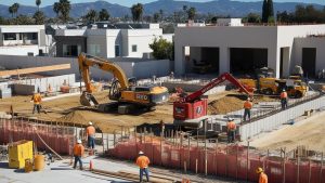 Modern construction project in Diamond Bar, California with workers, excavators, and equipment emphasizing the importance of performance bonds for ensuring contract compliance and project success.