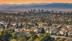 an image for a blog post about the City Overview of Diamond Bar, CA. Show a panoramic view of rolling hills, upscale suburban homes, a bustling town center, and a backdrop of the San Gabriel Mountains.