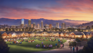 an image of the majestic Diamond Bar CA skyline at sunset, showcasing city lights, rolling hills, and a vibrant community park with families enjoying picnics and outdoor activities.