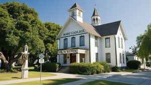 The iconic Murray Schoolhouse in Dublin, California, a historic white building with a bell tower and lush green surroundings, representing the city's cultural heritage and charm.