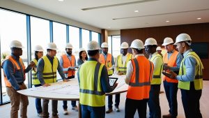 Construction team in Dublin, California, collaborating around a table indoors, reviewing blueprints and project plans. Team members wear hard hats and high-visibility vests, emphasizing safety and teamwork.