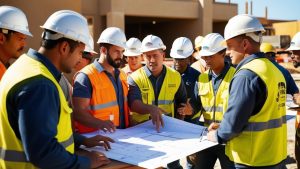 Construction crew in Dublin, California, discussing blueprints on-site with a project leader. The group wears hard hats and vests, symbolizing a professional and safety-focused construction environment.