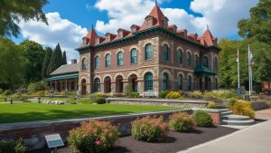 Historic brick building in Dublin, California, surrounded by beautifully maintained gardens and vibrant flowers. A landmark showcasing the city's rich history and architectural charm.