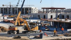 Construction site in Eastvale, California, featuring heavy equipment, cranes, and workers actively building a large infrastructure project. A dynamic representation of Eastvale's rapid development and growing construction industry.