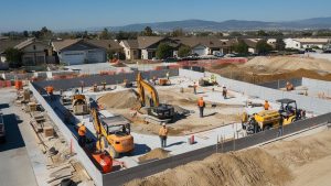 Residential construction project in Eastvale, California, showcasing workers and machinery shaping the foundation of a new housing development. A glimpse into Eastvale's expanding suburban growth.