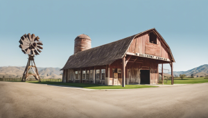 an image showcasing a historical landmark in Eastvale, CA, such as the original dairy farm buildings that have been preserved, surrounded by rolling hills and a clear blue sky.