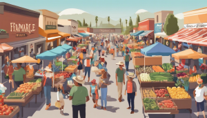 an image of a vibrant farmers market in Eastvale, CA, bustling with local vendors selling fresh produce, homemade goods, and colorful flowers. Include people browsing and sampling products.