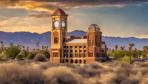 Historic clock tower in El Centro, California, surrounded by desert landscapes, palm trees, and mountains at sunset, symbolizing the city's architectural charm and desert beauty.