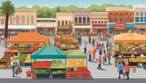 A vibrant farmers market in downtown El Centro, California, showcasing fresh produce stalls, colorful canopies, and bustling crowds against a backdrop of historic buildings and rolling hills.