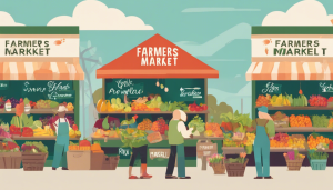 an image showcasing a vibrant farmers market in Fairfield, CA with colorful fruits, vegetables, flowers, and local artisans. Include people browsing stalls and enjoying the lively atmosphere.