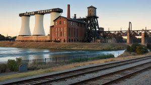 Historic Folsom Powerhouse along the American River in California, with visible railroad tracks in the foreground. A landmark showcasing industrial heritage and innovation.