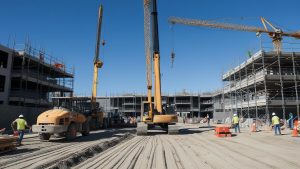 Wide view of a construction site in Folsom, California, with workers building foundations and operating machinery. The image highlights early-stage development and teamwork.