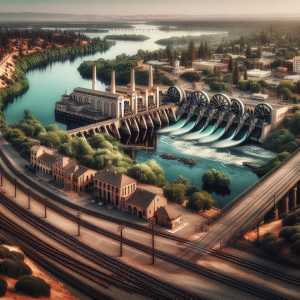 Historic Folsom Powerhouse along the American River in California, with visible railroad tracks in the foreground. A landmark showcasing industrial heritage and innovation.