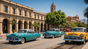 an image showcasing Fontana's history and heritage with elements like vintage cars, citrus groves, old railway tracks, and historic buildings in the background.