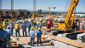 Construction workers on a large development site in Fort Collins, Colorado, with cranes, modern buildings, and mountains in the background.