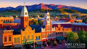 Scenic view of Old Town Fort Collins, Colorado, featuring historic brick buildings, clock towers, and the backdrop of colorful foothills during sunset.