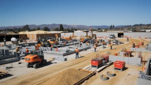 Construction site in Fountain Valley, California, featuring workers operating heavy machinery and building structures on a clear day with mountains in the background.