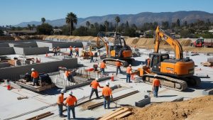 Active construction project in Fountain Valley, California, with workers, excavators, and foundation work under a bright sky, surrounded by palm trees and scenic mountains.