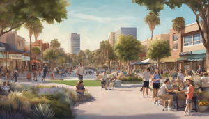 an image showcasing Fountain Valley, CA's diverse community with a central park, residential neighborhoods, local businesses, and a nearby beach to capture the essence of the city.