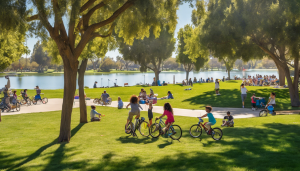 an image of a sunny day at Mile Square Regional Park in Fountain Valley. Show families picnicking, playing frisbee, and biking along the lake with lush greenery and a clear blue sky.