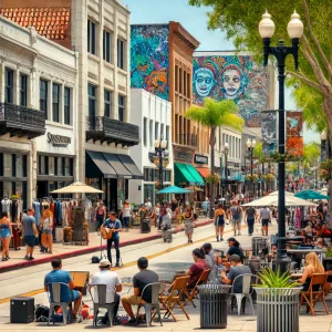 an image of a bustling downtown street in Fullerton, CA. Show a mix of unique shops, lively cafes, street performers, and colorful murals to showcase the vibrant and diverse activities available in the city.