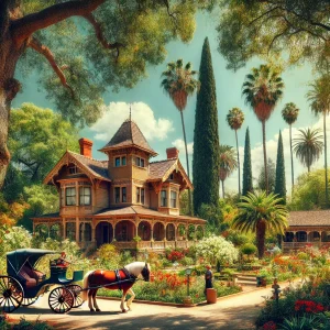 an image of the Fullerton Arboretum showcasing historic buildings like the Heritage House and the Victorian-style gardens. Include a vintage carriage and visitors exploring the lush greenery.