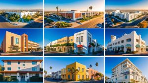 Collage of architectural styles in Gardena, California, presenting modern office buildings, residential complexes, and iconic local landmarks bathed in sunlight.