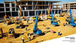 Construction progress in Gardena, California, featuring cranes, bulldozers, and workers shaping a new development project under clear skies.