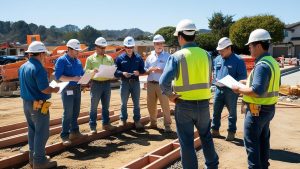 Construction team meeting at a job site in Gilroy, California, reviewing blueprints and project plans while wearing safety gear and hard hats.