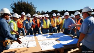 Large group of construction workers in Gilroy, California, collaborating around a table with detailed architectural blueprints and discussing project development.