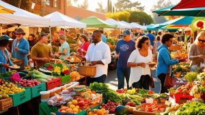 Vibrant farmers market in Gilroy, California, featuring diverse vendors, fresh produce, and community members enjoying the outdoor market atmosphere.