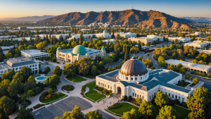 an image showcasing Glendale's top attractions: Griffith Park with the iconic observatory in the background, Brand Park and the Japanese Friendship Garden, and Glendale Galleria shopping center bustling with shoppers.