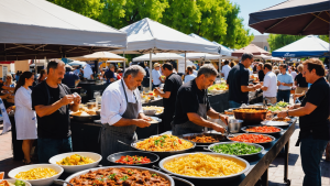 an image for a blog post about exploring Glendale's culinary scene. Show a bustling outdoor food market with diverse vendors selling traditional Armenian dishes, Mexican street food, and gourmet fusion cuisine.