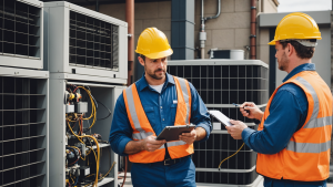 an image showing a diverse team of HVAC contractors inspecting, repairing, and installing heating and cooling systems in residential and commercial buildings. Include tools, safety gear, and various HVAC units.