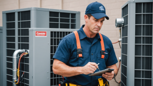 an image of a professional HVAC contractor wearing a uniform, inspecting an air conditioning unit with a tool belt, displaying confidence and expertise. Emphasize attention to detail and professionalism.