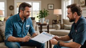 an image of a homeowner interviewing an HVAC contractor in their living room. The contractor is showing certifications, providing references, and discussing project details. The homeowner is nodding attentively.