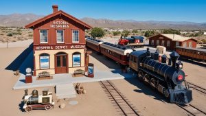 an image showcasing the historic Hesperia Depot Museum, featuring a restored train depot, vintage trains, and artifacts from the town's past. Include a backdrop of desert landscape and clear blue skies.