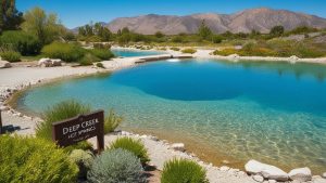 an image of the stunning landscape of Hesperia CA showcasing the iconic Deep Creek Hot Springs, surrounded by lush greenery, crystal clear waters, and rugged mountains in the background.