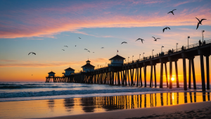 an image showcasing the iconic Huntington Beach Pier at sunset, with surfers catching waves, beachgoers relaxing on the sand, and colorful kite surfers flying in the background.