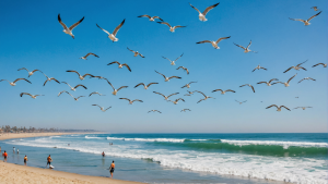 an image of surfers riding the waves at Huntington Beach, with colorful surfboards, clear blue skies, and seagulls flying overhead. Show the energetic and adventurous spirit of beachgoers enjoying the ocean.