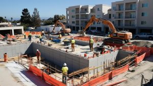 Urban construction project in La Habra, California featuring modern building developments and excavation equipment.