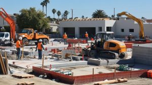 Residential construction project in La Mesa, California, showing workers operating machinery and building foundations under clear skies.