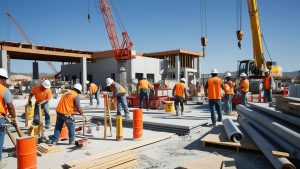 Construction workers in orange safety vests and white helmets working on a large commercial construction site in La Mirada, California, with cranes and building frameworks in the background.