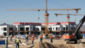 Active construction site in La Mirada, California, featuring workers, cranes, and multi-story building structures under development against a clear blue sky.