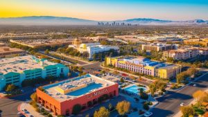 Aerial view of La Mirada, California, showcasing colorful commercial buildings, palm trees, and the city's iconic landmarks with a sunset-lit skyline in the distance.