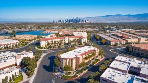 Wide aerial view of La Mirada, California, highlighting modern residential and commercial complexes, tree-lined streets, and the Los Angeles skyline visible on the horizon.