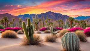 A desert landscape in La Quinta, California, showcasing blooming cacti, vibrant bougainvillea, and the majestic Santa Rosa Mountains at sunset.