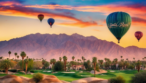 Hot air balloons soaring over the lush golf courses and palm trees of La Quinta, California, with the Santa Rosa Mountains in the background during a vibrant sunset.