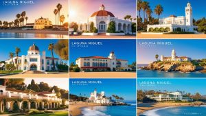 Collage of iconic architectural landmarks and picturesque views in Laguna Niguel, California, showcasing the city’s unique blend of coastal charm and cultural heritage.