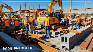 A vibrant construction site in Lake Elsinore, California, featuring workers assembling a steel frame structure with heavy machinery and building materials in progress.